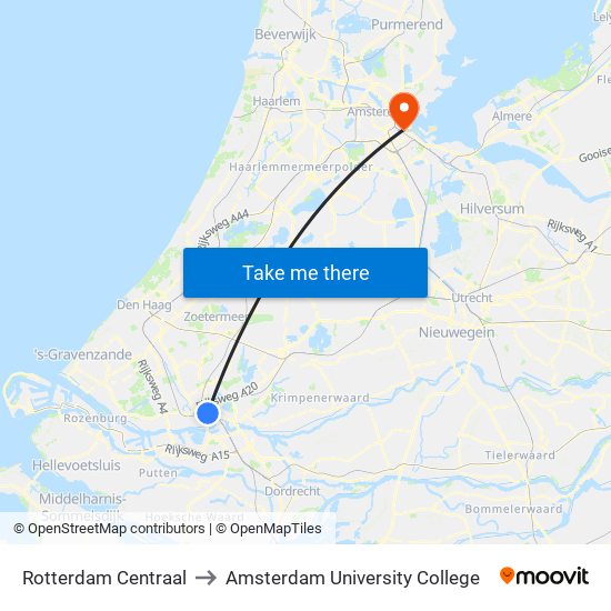 Rotterdam Centraal to Amsterdam University College map