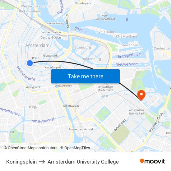 Koningsplein to Amsterdam University College map