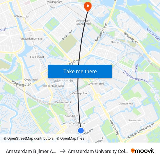 Amsterdam Bijlmer Arena to Amsterdam University College map