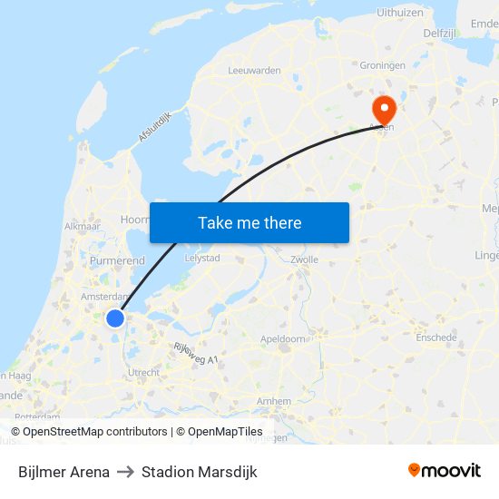 Bijlmer Arena to Stadion Marsdijk map