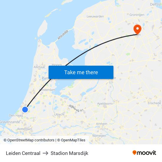 Leiden Centraal to Stadion Marsdijk map