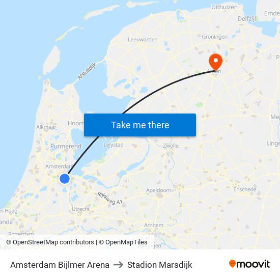 Amsterdam Bijlmer Arena to Stadion Marsdijk map