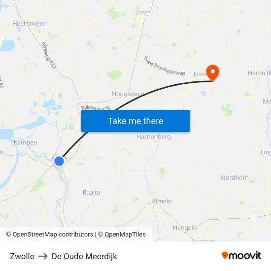 Zwolle to De Oude Meerdijk map