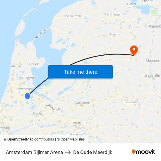 Amsterdam Bijlmer Arena to De Oude Meerdijk map