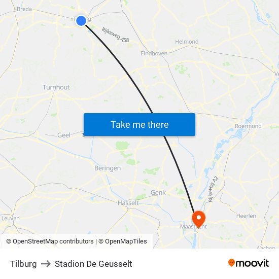 Tilburg to Stadion De Geusselt map