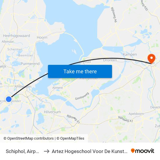 Schiphol, Airport to Artez Hogeschool Voor De Kunsten map