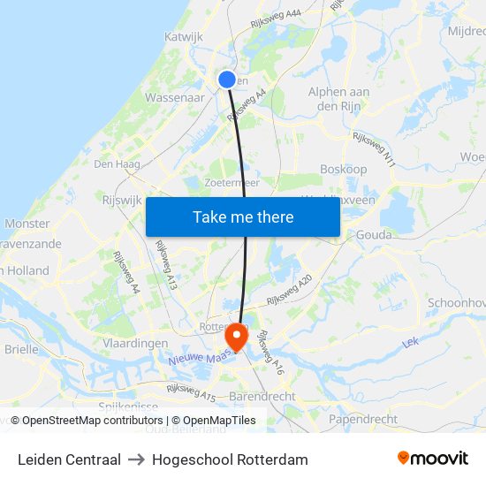 Leiden Centraal to Hogeschool Rotterdam map