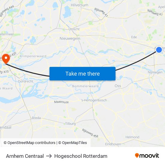 Arnhem Centraal to Hogeschool Rotterdam map