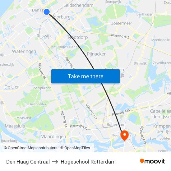Den Haag Centraal to Hogeschool Rotterdam map