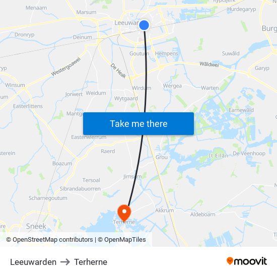Leeuwarden to Terherne map