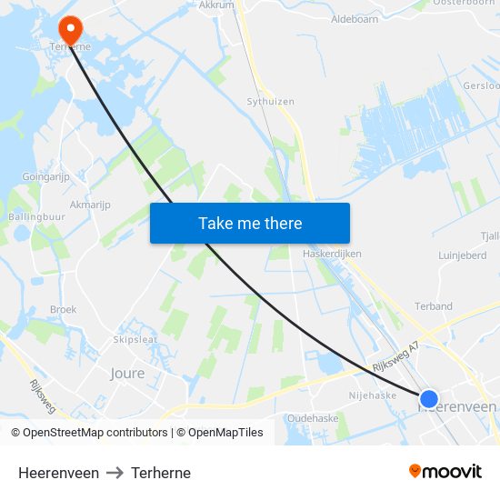 Heerenveen to Terherne map