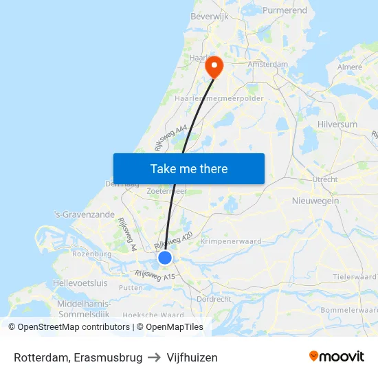 Rotterdam, Erasmusbrug to Vijfhuizen map