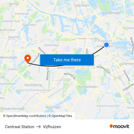 Centraal Station to Vijfhuizen map