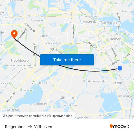 Reigersbos to Vijfhuizen map