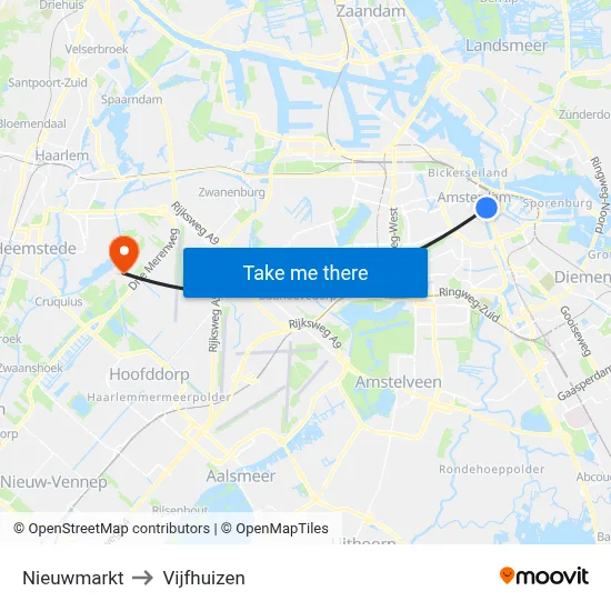 Nieuwmarkt to Vijfhuizen map
