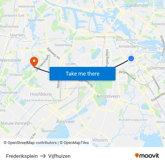 Frederiksplein to Vijfhuizen map