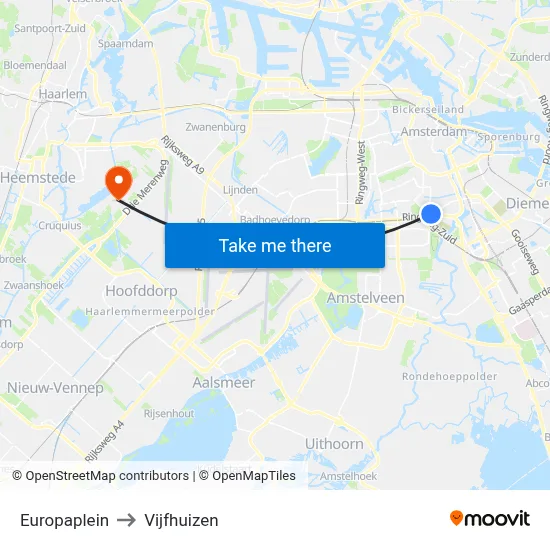 Europaplein to Vijfhuizen map