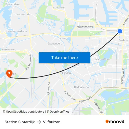 Station Sloterdijk to Vijfhuizen map