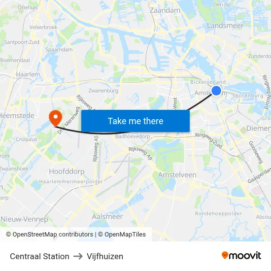 Centraal Station to Vijfhuizen map