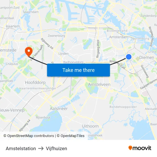 Amstelstation to Vijfhuizen map