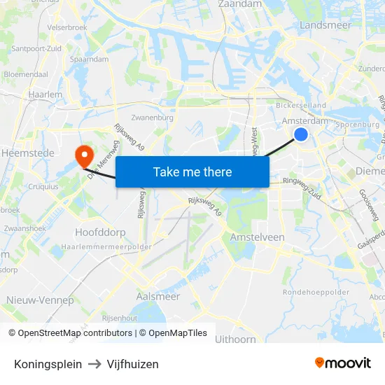 Koningsplein to Vijfhuizen map