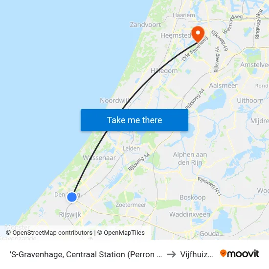 'S-Gravenhage, Centraal Station (Perron D) to Vijfhuizen map