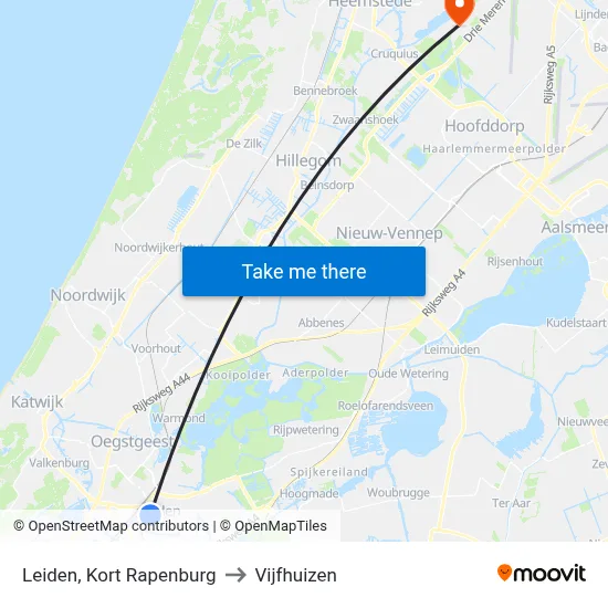 Leiden, Kort Rapenburg to Vijfhuizen map