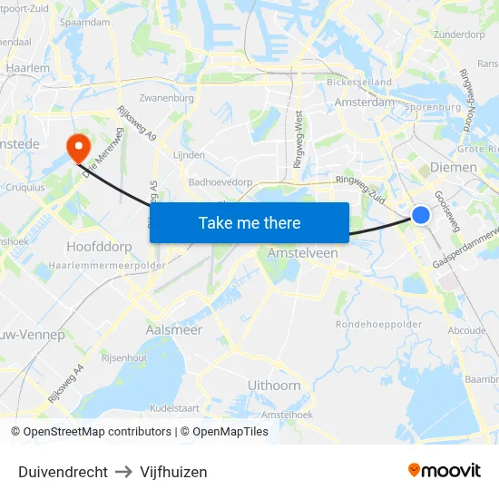 Duivendrecht to Vijfhuizen map
