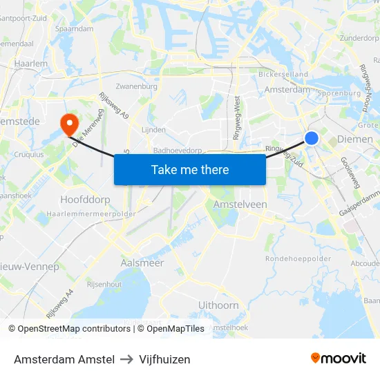 Amsterdam Amstel to Vijfhuizen map