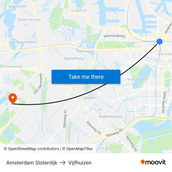 Amsterdam Sloterdijk to Vijfhuizen map