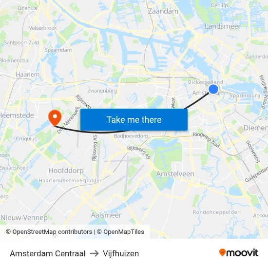 Amsterdam Centraal to Vijfhuizen map