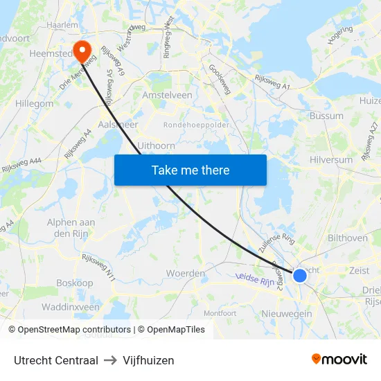 Utrecht Centraal to Vijfhuizen map