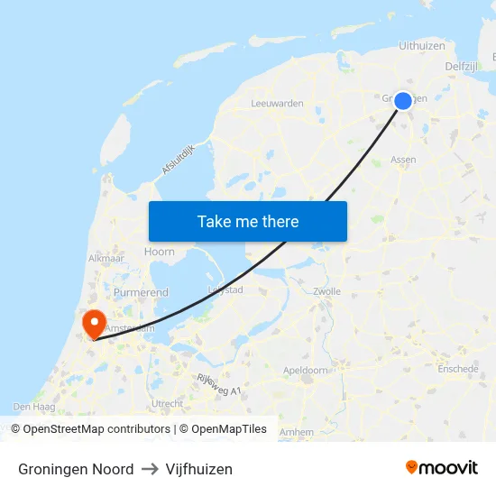 Groningen Noord to Vijfhuizen map