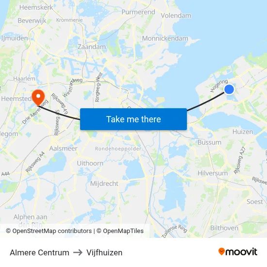 Almere Centrum to Vijfhuizen map