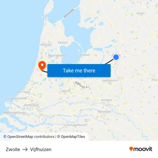 Zwolle to Vijfhuizen map