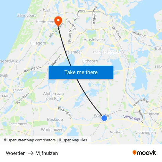 Woerden to Vijfhuizen map