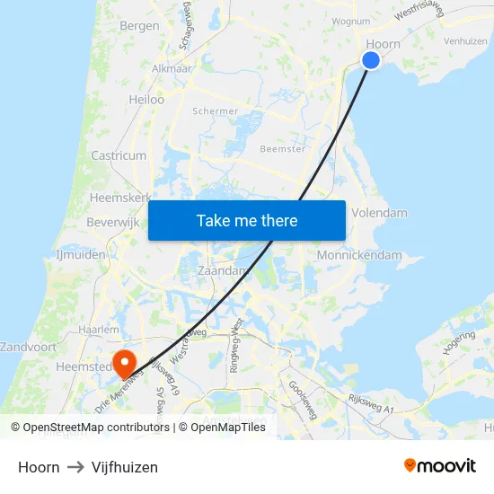 Hoorn to Vijfhuizen map