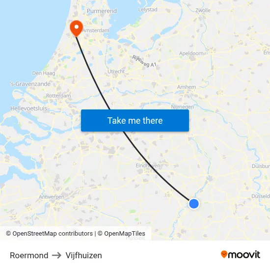 Roermond to Vijfhuizen map