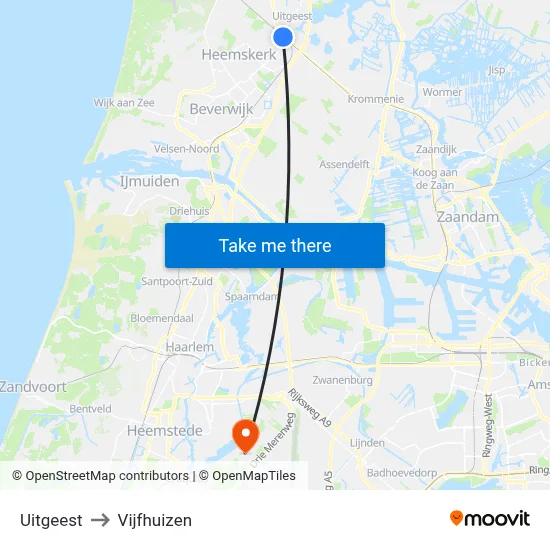 Uitgeest to Vijfhuizen map