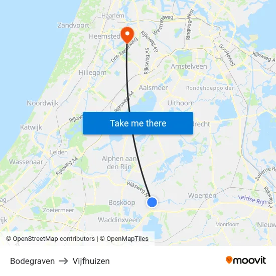 Bodegraven to Vijfhuizen map