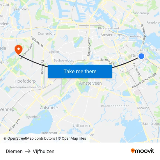 Diemen to Vijfhuizen map