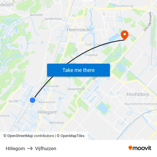 Hillegom to Vijfhuizen map