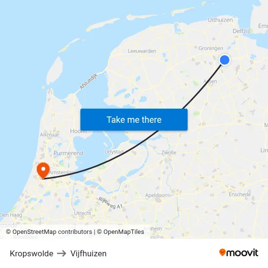 Kropswolde to Vijfhuizen map