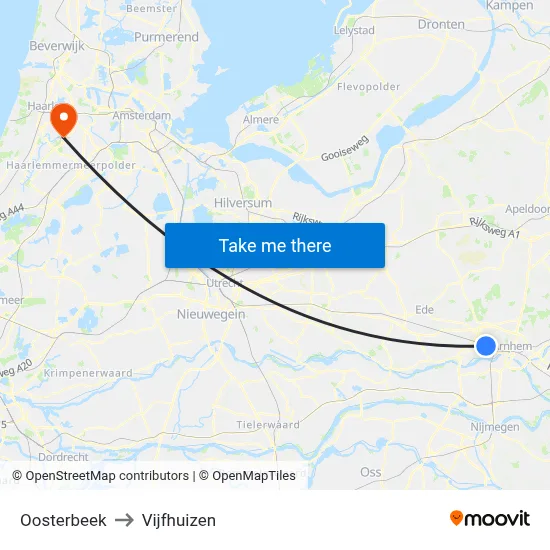 Oosterbeek to Vijfhuizen map