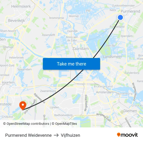 Purmerend Weidevenne to Vijfhuizen map