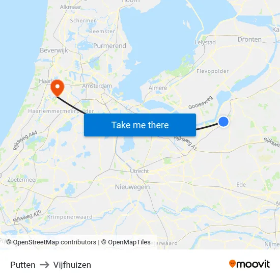 Putten to Vijfhuizen map