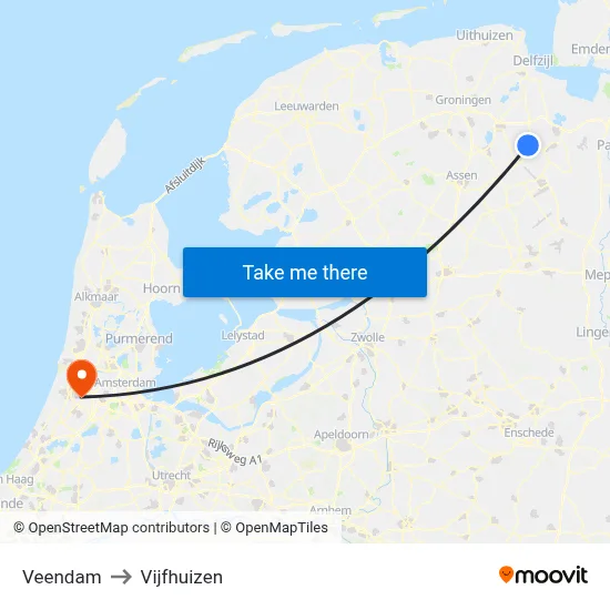 Veendam to Vijfhuizen map
