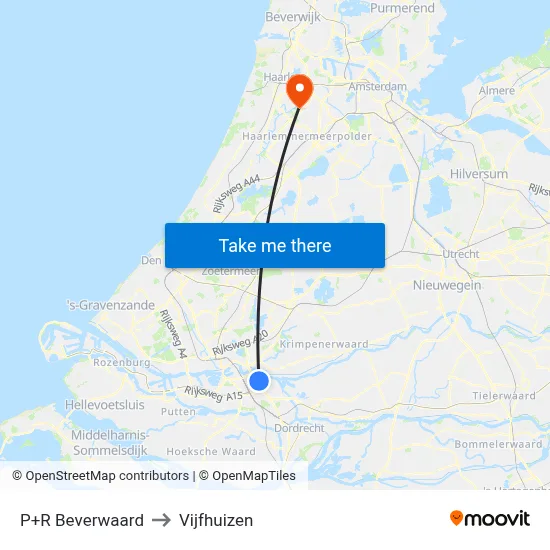 P+R Beverwaard to Vijfhuizen map