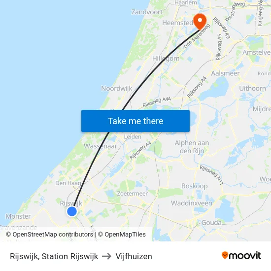 Rijswijk, Station Rijswijk to Vijfhuizen map