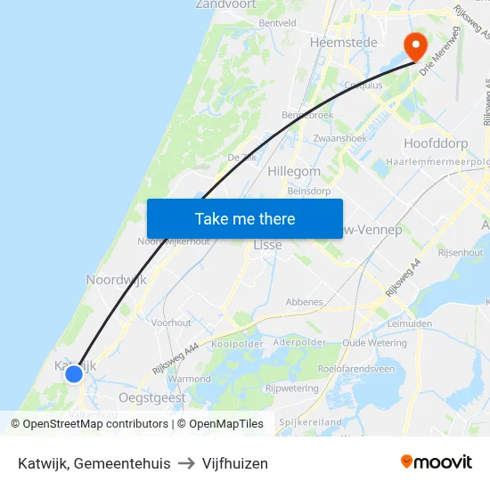 Katwijk, Gemeentehuis to Vijfhuizen map